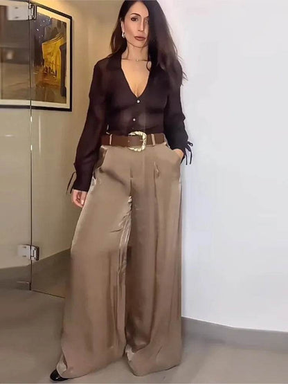 HipSeam Women's Satin Wide Leg Trousers - Casual Loose Fit Style - Buy Center