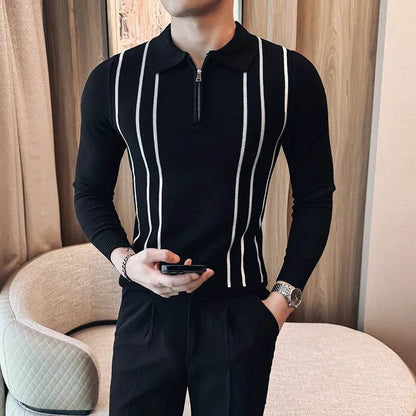 2024 Autumn Winter New Striped Sweater For Men Fashion Zipper Flip Collar Knitted Polo Shirt Men's Long Sleeve Slim Casual Pull - Buy Center