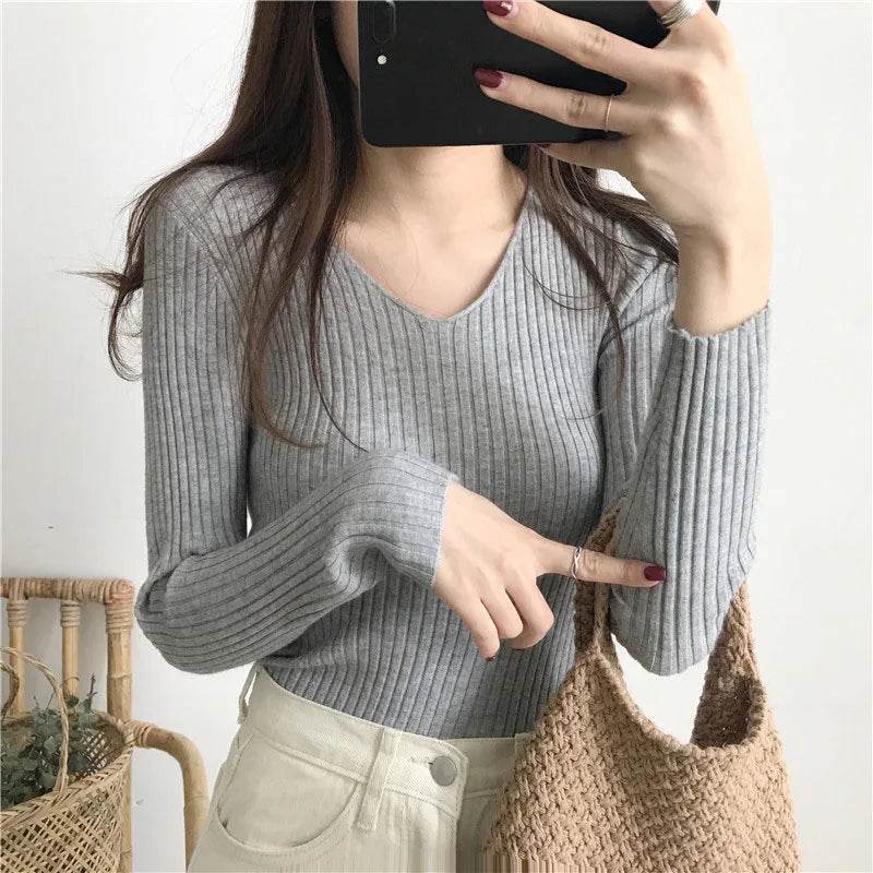 Korean Autumn V Neck Sweater - Slim Fit Knitted Pullover for Women - Buy Center