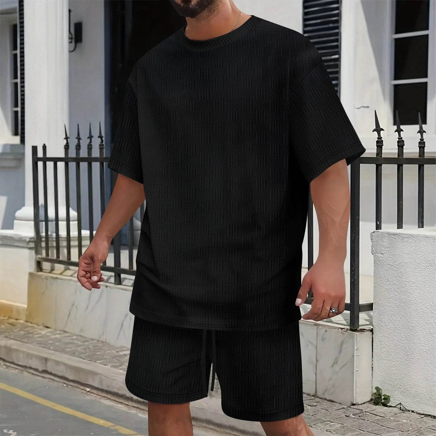 Men's Summer Leisure Suit - Solid Color T-Shirt & Drawstring Shorts Set - Buy Center