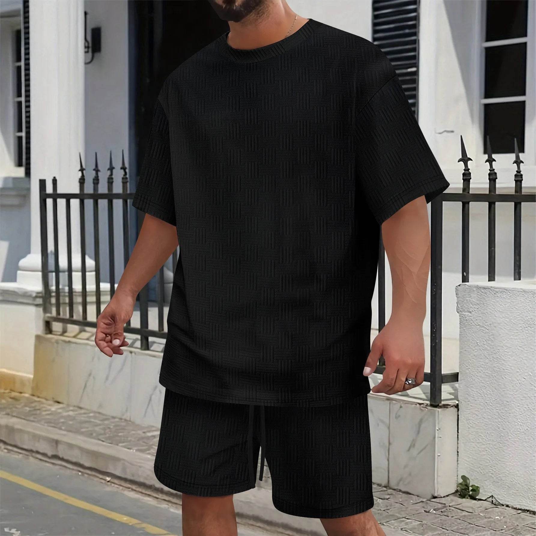 Men's Summer Leisure Suit - Solid Color T-Shirt & Drawstring Shorts Set - Buy Center