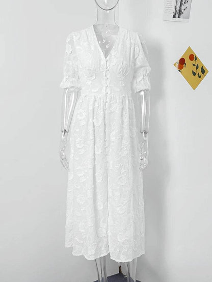 Elegant Lace Hollow Out Midi Dress - Women’s V-Neck Party Attire - Buy Center