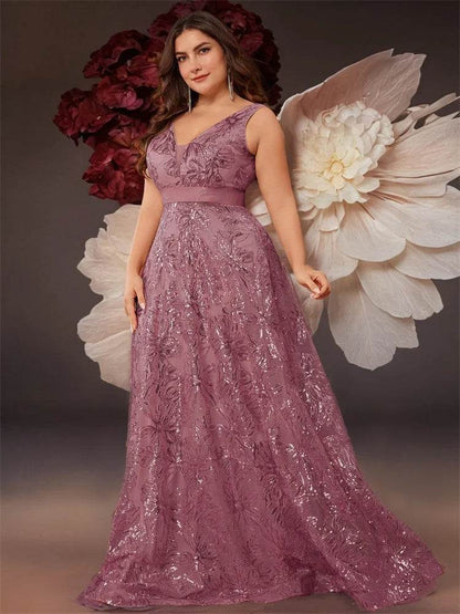 Elegant Plus Size Deep V-Neck Sequins Evening Dress - Lucy in Love - Buy Center