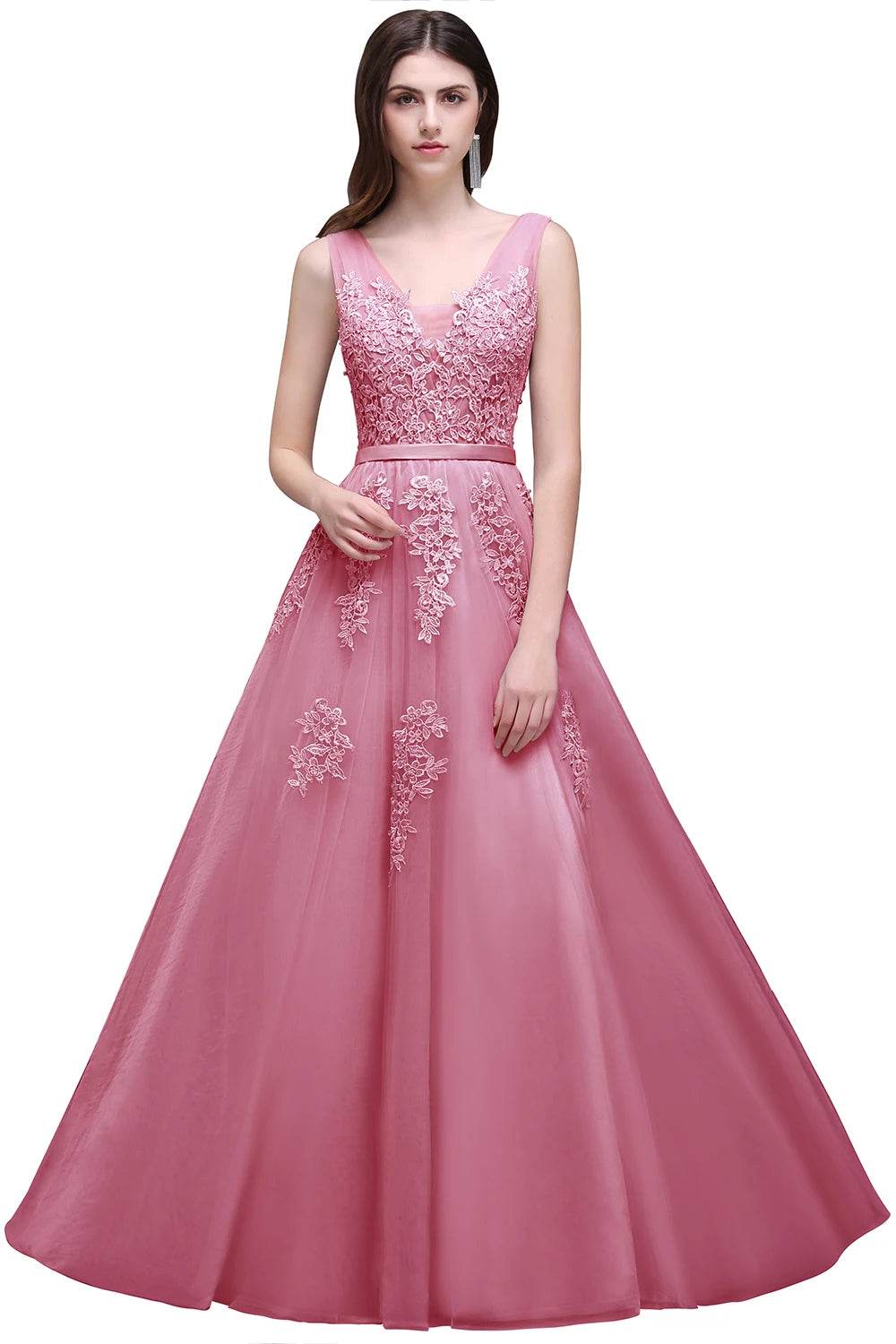 Elegant A-Line V-Neck Tulle Dress - Sleeveless Prom Gown for Women - Buy Center