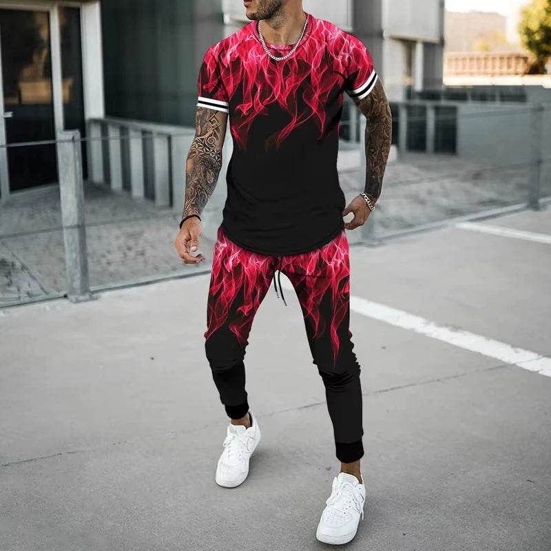 Flame 3D Printed Casual Summer Set - Short Sleeve T-Shirt & Pants - Buy Center