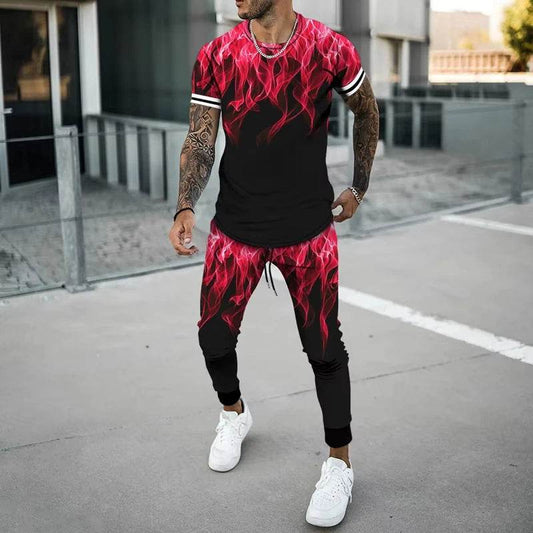 Flame 3D Printed Casual Summer Set - Short Sleeve T-Shirt & Pants - Buy Center