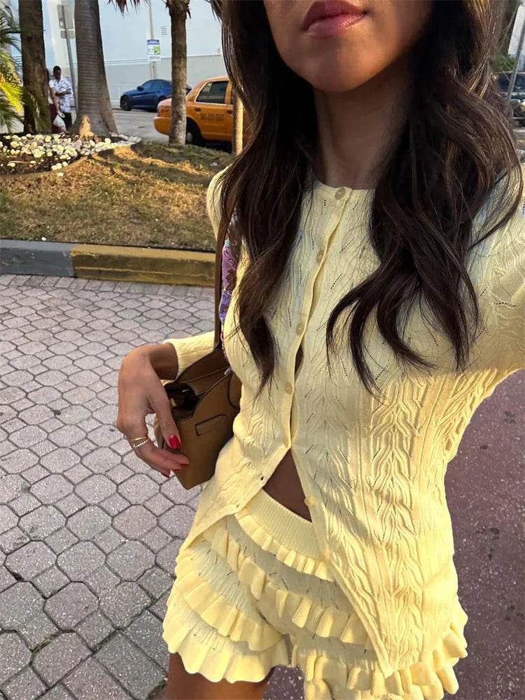 Tossy Women's Summer Knit Ruffled Cardigan and Shorts Set - Buy Center