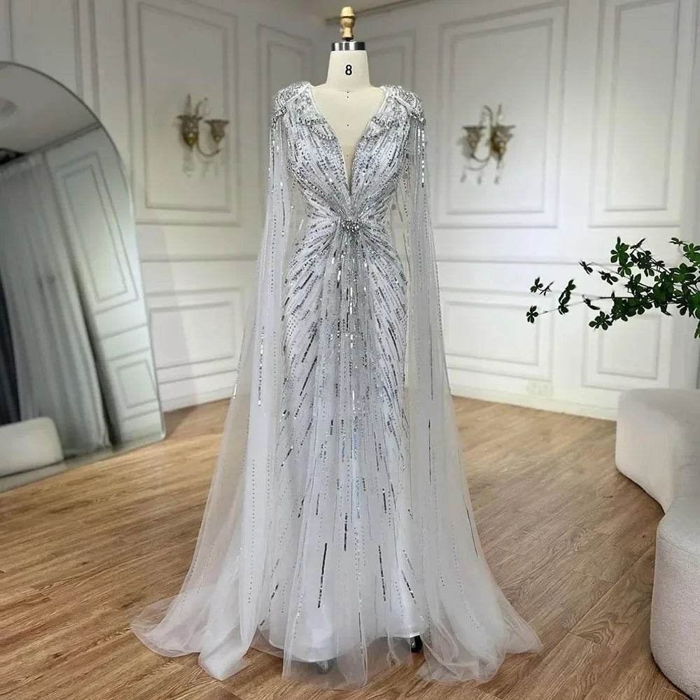 Serene Hill Turquoise Mermaid Evening Dress with Beaded Cape Sleeves - Buy Center