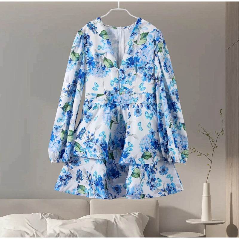 Elegant Ruffles Mini Dress for Women - Deep V Neck, Spring Fashion - Buy Center