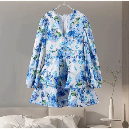 Elegant Ruffles Mini Dress for Women - Deep V Neck, Spring Fashion - Buy Center