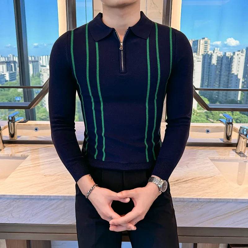2024 Autumn Winter New Striped Sweater For Men Fashion Zipper Flip Collar Knitted Polo Shirt Men's Long Sleeve Slim Casual Pull - Buy Center