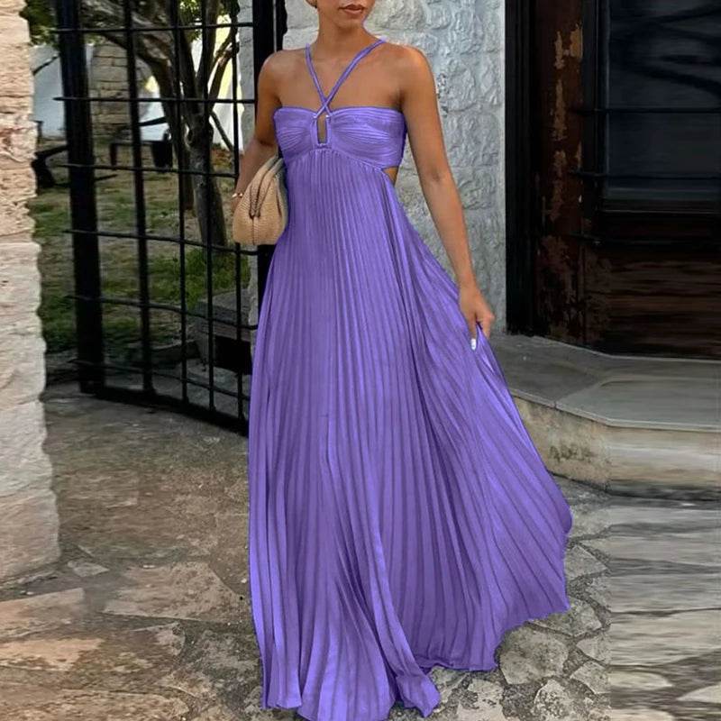 ELSVIOSE Blue High Waist Pleats Dress - Sexy Halter Summer Style - Buy Center