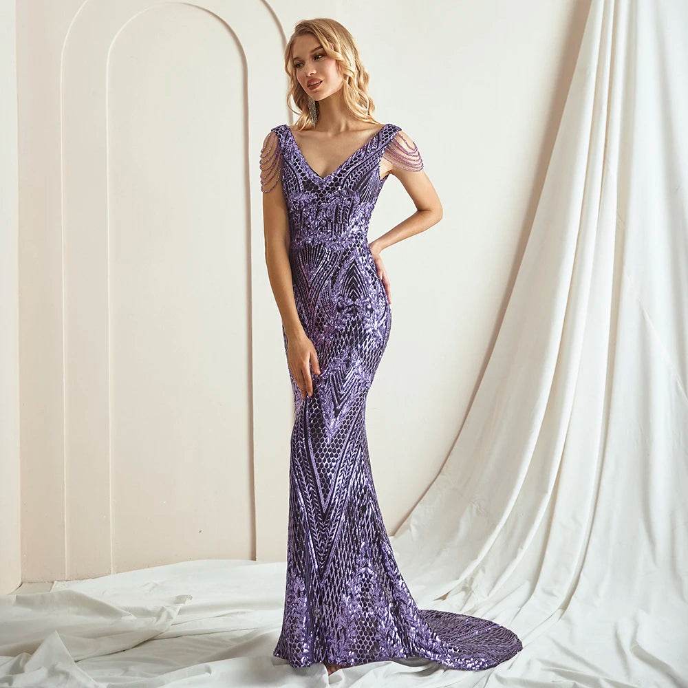 Elegant Purple Sequin Mermaid Evening Dress - Formal Party Gown - Buy Center