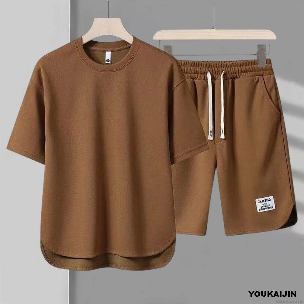 YOUKAIJIN Men's Summer Casual Suit - Waffle T-shirt & Shorts Set - Buy Center