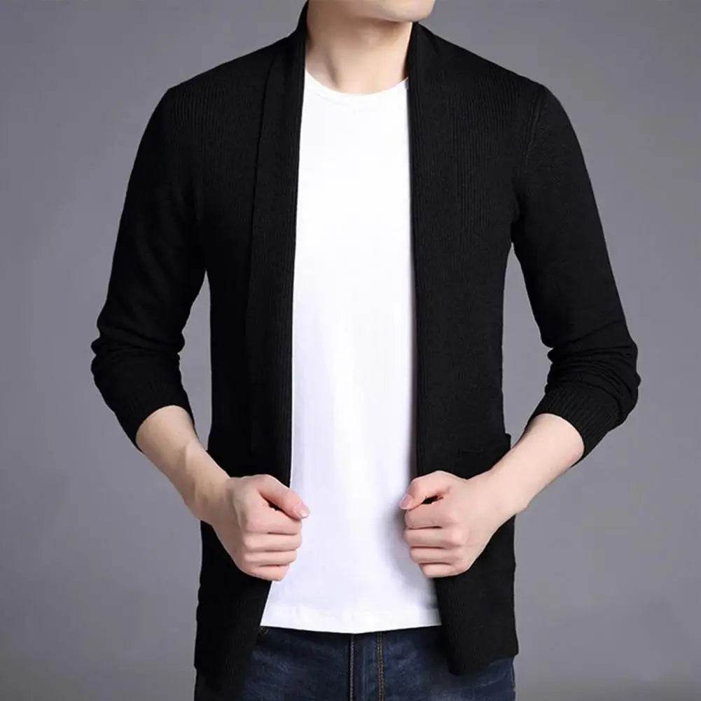 Soft Warm Men’s Cardigan - Solid Color Stretchy Open Stitch Sweater - Buy Center