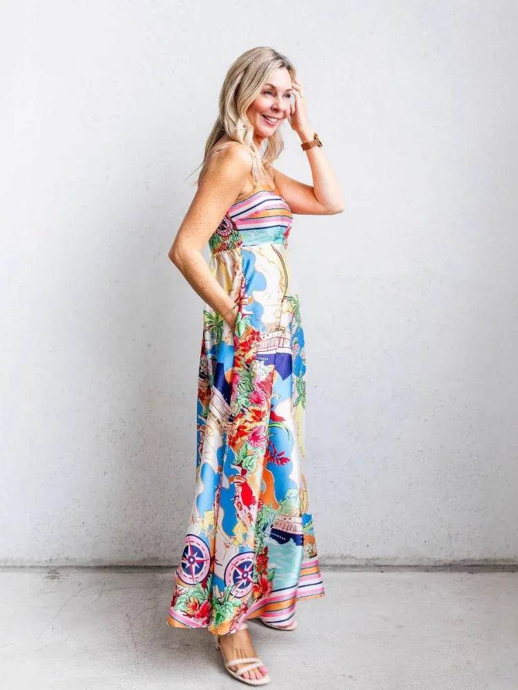 GPBD Women's Elegant A-line Vacation Dress - Printed High Waist Style - Buy Center