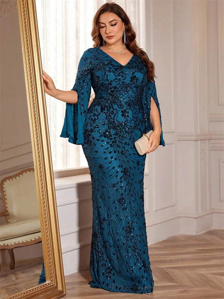 Lucy in Love Plus Size Gold Evening Dress - Long Sleeve Mermaid Gown - Buy Center