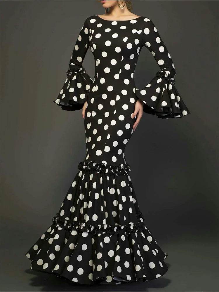 Elegant Ladies Evening Dress - Polka Dot Flare Sleeve Fishtail Style - Buy Center
