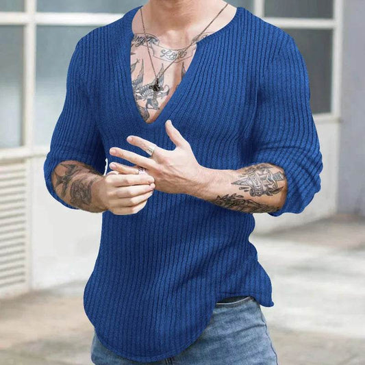 Men's V-Neck Casual Sweater - Autumn Winter Solid Color Knitted Pullover - Buy Center