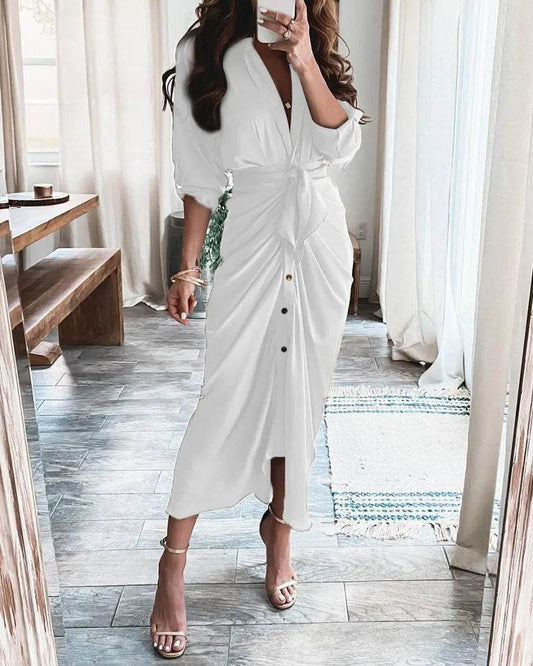 Summer Women’s Bandage Ruched Dress - Elegant V-Neck Casual Wear - Buy Center