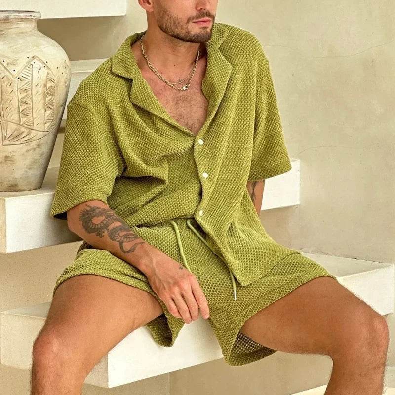 Men's Casual Summer Set - Breathable Knitted Short Sleeve Shirt & Shorts - Buy Center