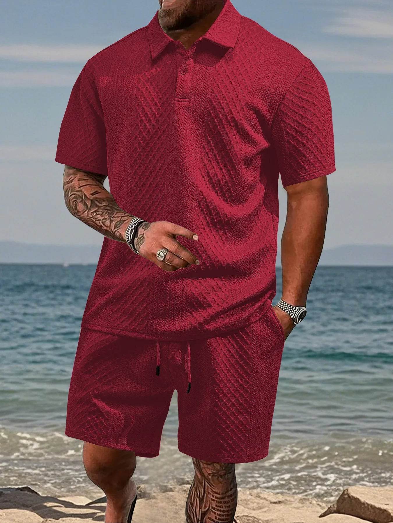 Men's Casual Summer Polo Shirt Set - Short Sleeve Jacquard Texture - Buy Center