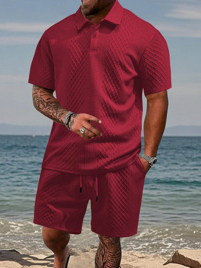 Men's Casual Summer Polo Shirt Set - Short Sleeve Jacquard Texture - Buy Center