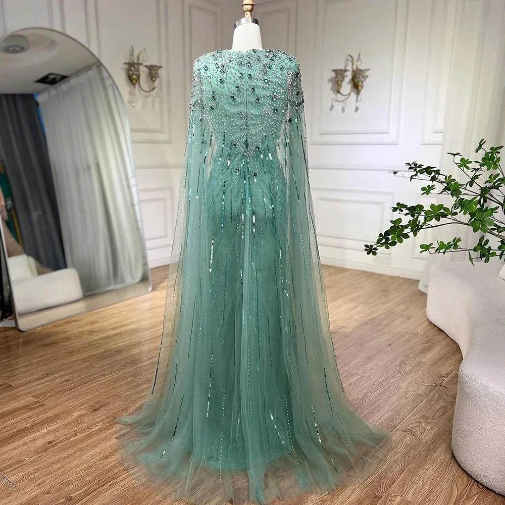 Serene Hill Turquoise Mermaid Evening Dress with Beaded Cape Sleeves - Buy Center