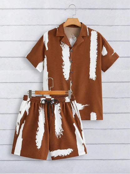 Men's Summer Stripe 3D Print Shirt & Drawstring Shorts Set - Buy Center
