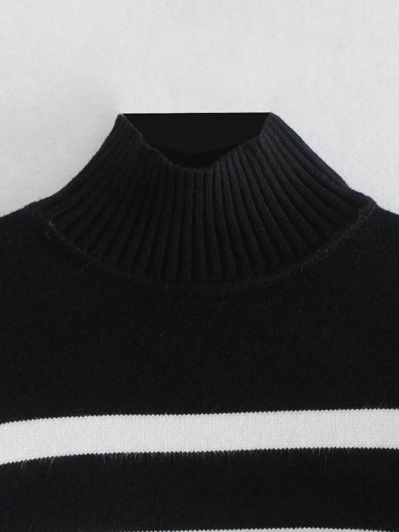 Jadoutin Women's Black and White Striped Turtleneck Sweater - Casual & Loose - Buy Center