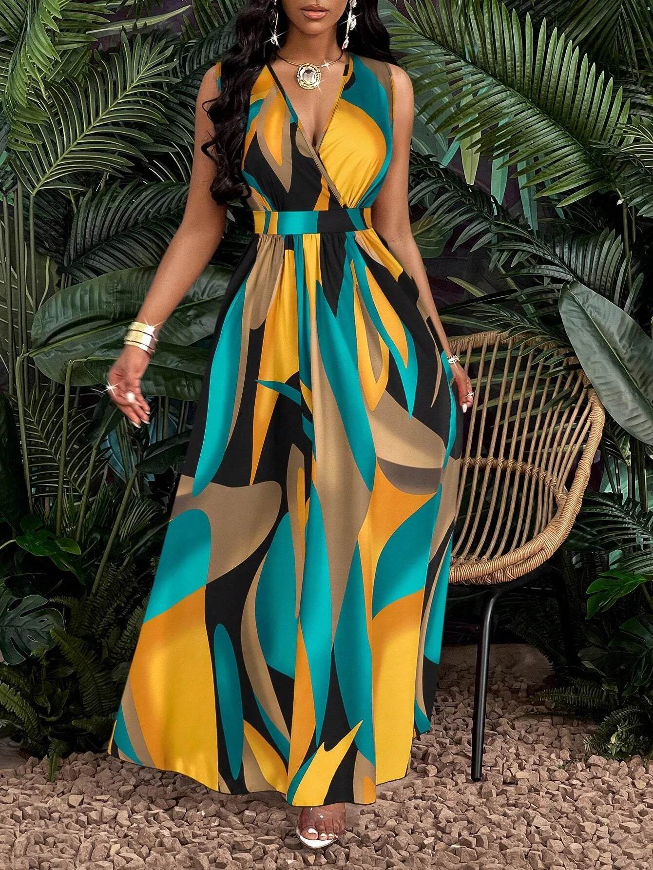 Tropical Print V-Neck Maxi Dress - Women's Fit and Flare Spring Style - Buy Center