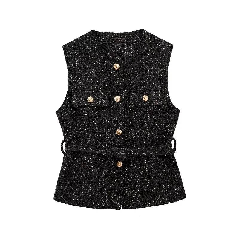TRAF Women's Sequin Sleeveless Vest - Vintage Button Outerwear - Buy Center