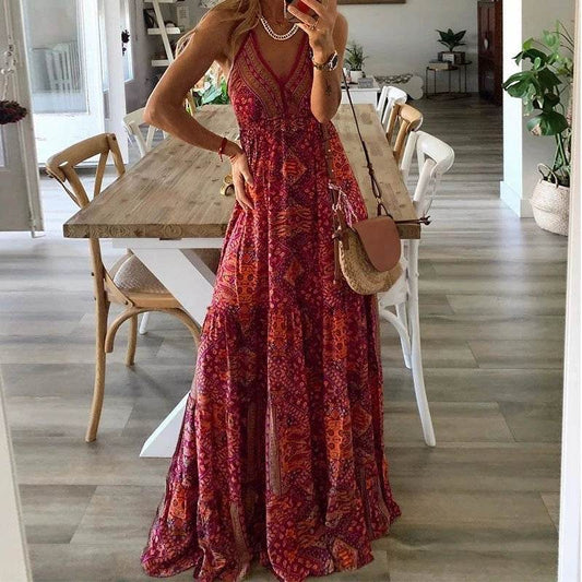 Bohemian V-Neck Floral Dress - High Waist Spaghetti Strap Style - Buy Center