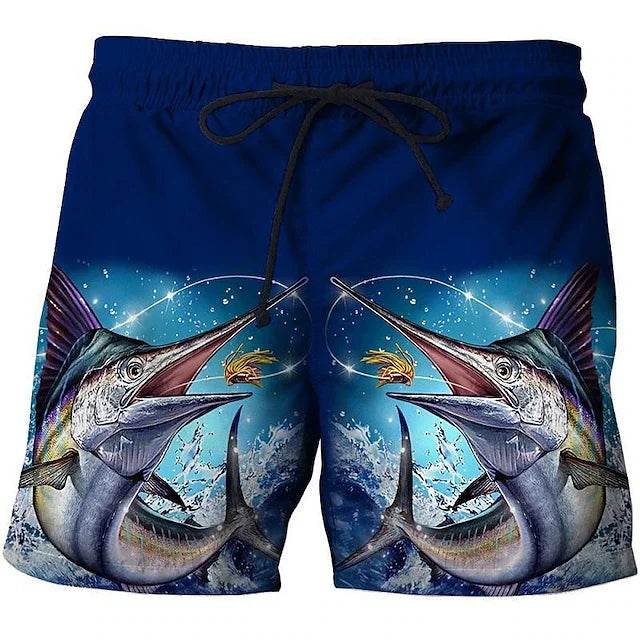 Men's Vintage 3D Fishing Print Swim Trunks - Quick Dry Beach Shorts - Buy Center