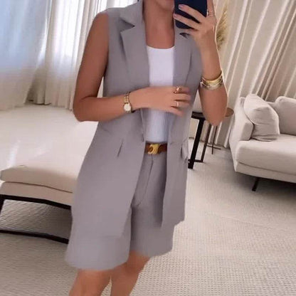 Women’s Elegant Two Piece Short Sets - Sleeveless Blazer & Shorts - Buy Center