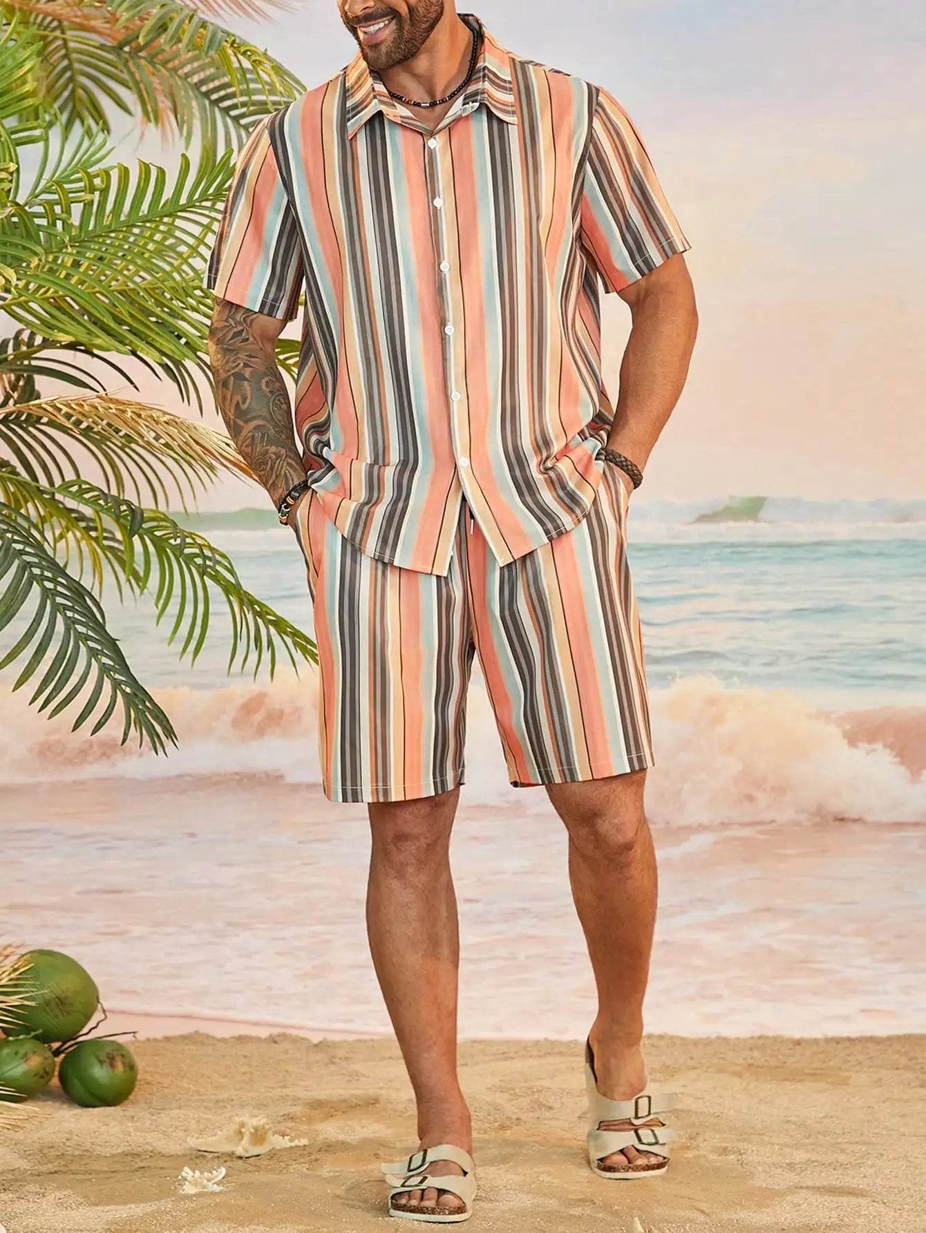 Men's Summer Stripe 3D Print Shirt & Drawstring Shorts Set - Buy Center