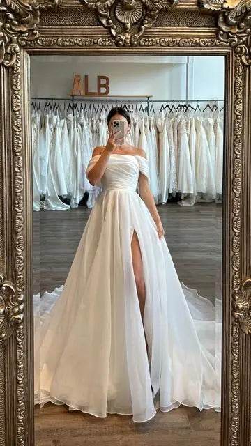 Elegant Off-The-Shoulder A-Line Wedding Dress - Custom Made 2024 - Buy Center