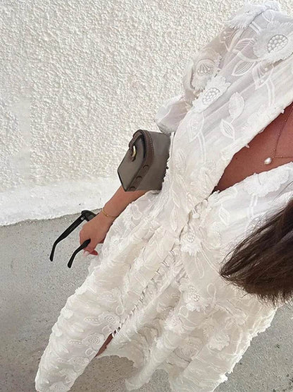 Elegant Lace Hollow Out Midi Dress - Women’s V-Neck Spring Style - Buy Center