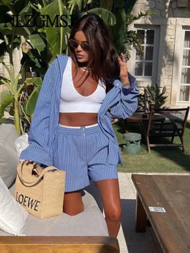 TRAFSHE Women's Fashion Set - Striped Shirt & High Waist Shorts - Buy Center