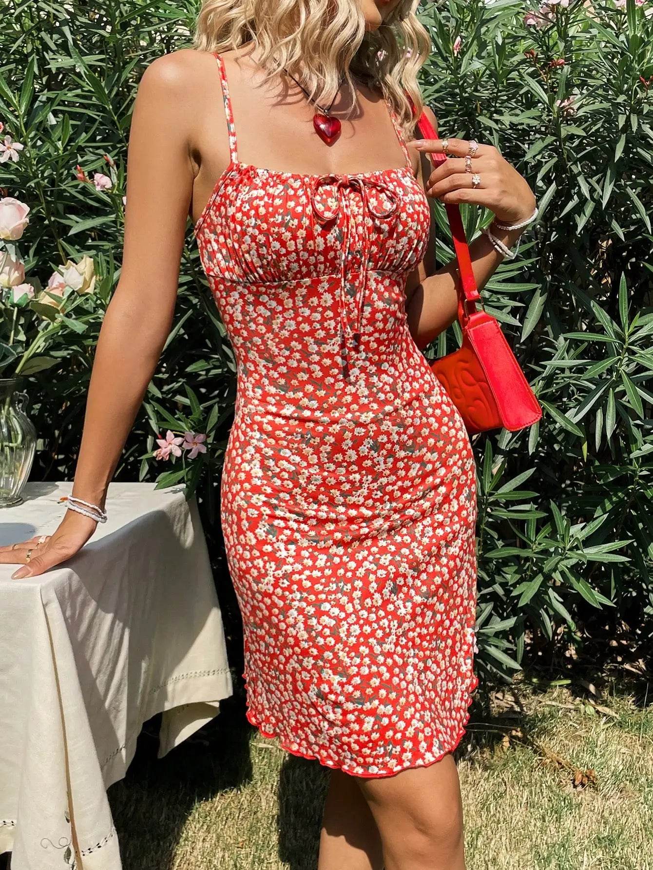 Stylish Red Floral Dress for Women - Spaghetti Strap Summer Frock - Buy Center