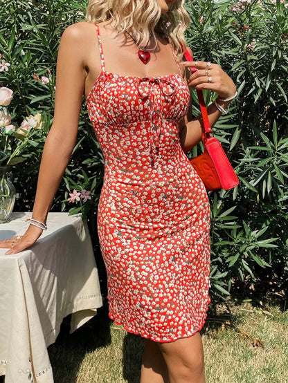 Stylish Red Floral Dress for Women - Spaghetti Strap Summer Frock - Buy Center