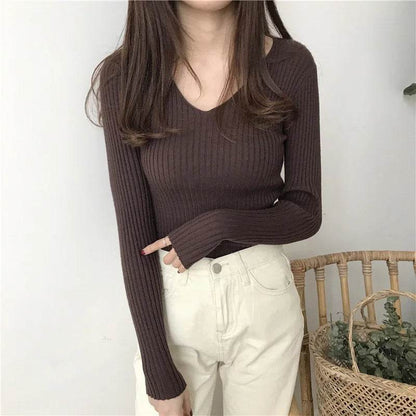 Korean Autumn V Neck Sweater - Slim Fit Knitted Pullover for Women - Buy Center