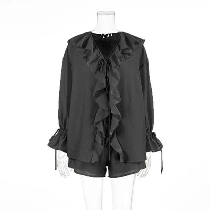 Tuularose Women's Ruffled Tie Top & Shorts Set - Casual Office Style - Buy Center