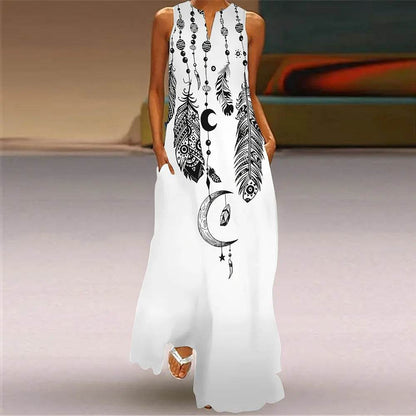 Women's Plus-Size Casual Dress - Elegant V-Neck Feather Print - Buy Center