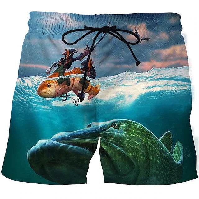 Men's Vintage 3D Fishing Print Swim Trunks - Quick Dry Beach Shorts - Buy Center