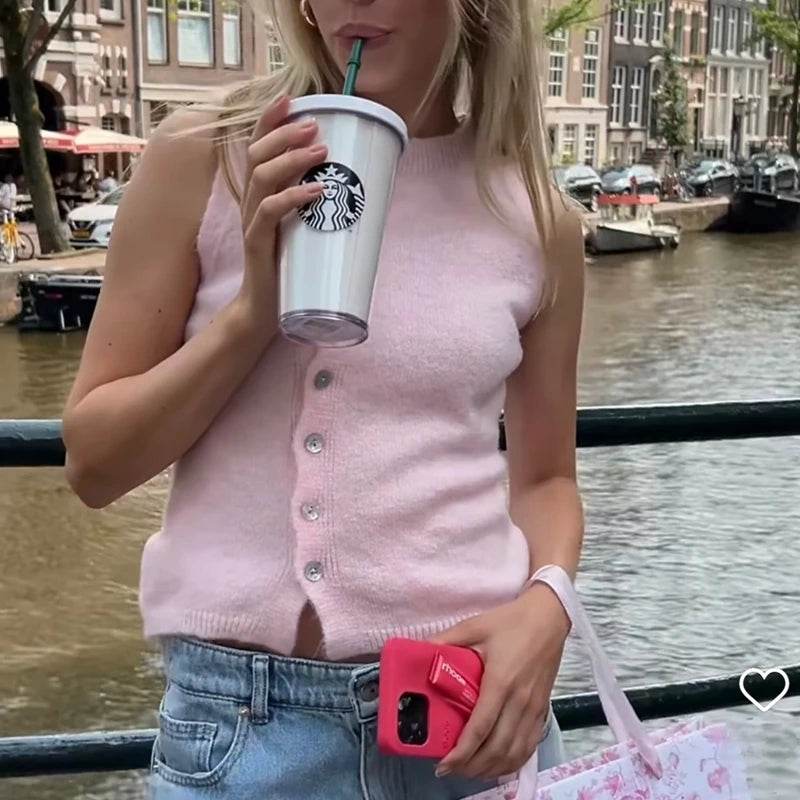 Maemukilabe Women's Elegant Crop Sweater Vest - Buttoned Cardigan - Buy Center