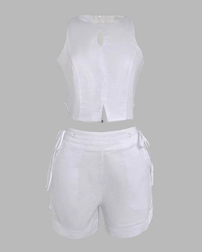 EAEOVNI Women’s Two Piece Outfit - Halter Crop Tank & Lace-Up Shorts - Buy Center