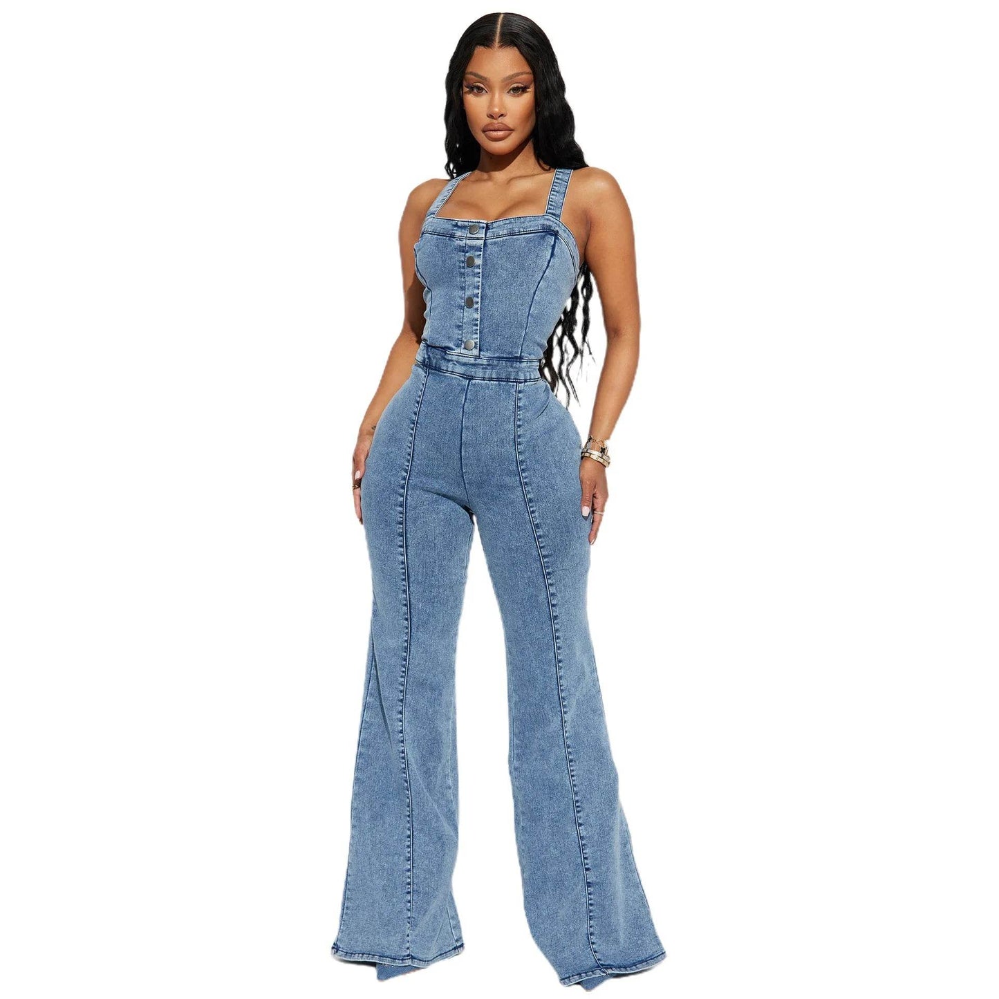 Women’s Sexy Flare Jeans Rompers - Square Collar Ankle-Length Overalls - Buy Center