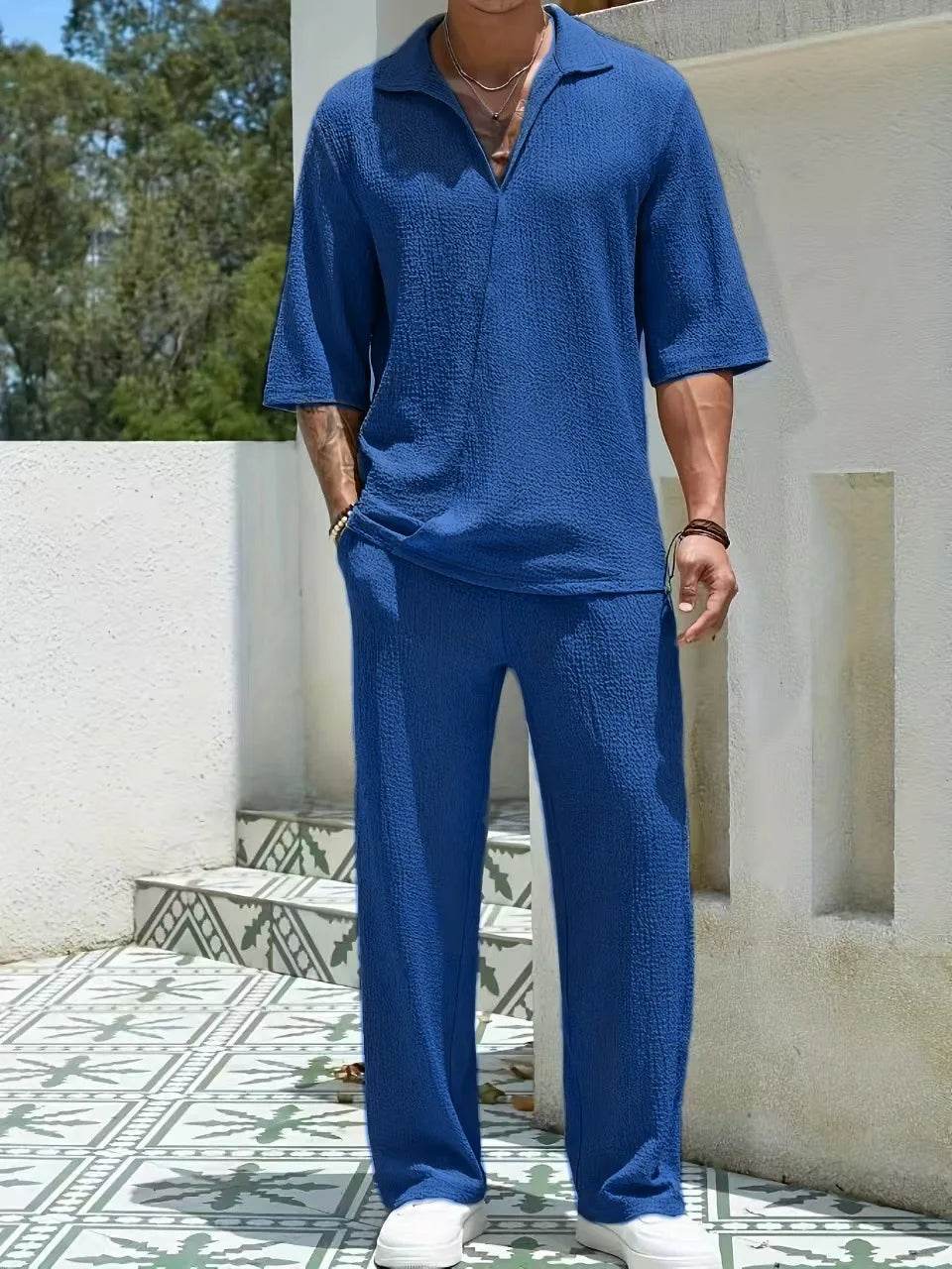 Men's Spring V-Neck Half-Sleeve Shirt & Pants Solid Color Suit - Buy Center