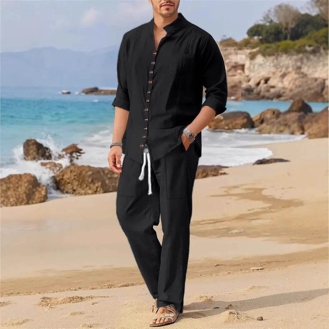 BOILEN HENG XIN Men's Casual Cuban Shirt Set - Spring Beach Style - Buy Center